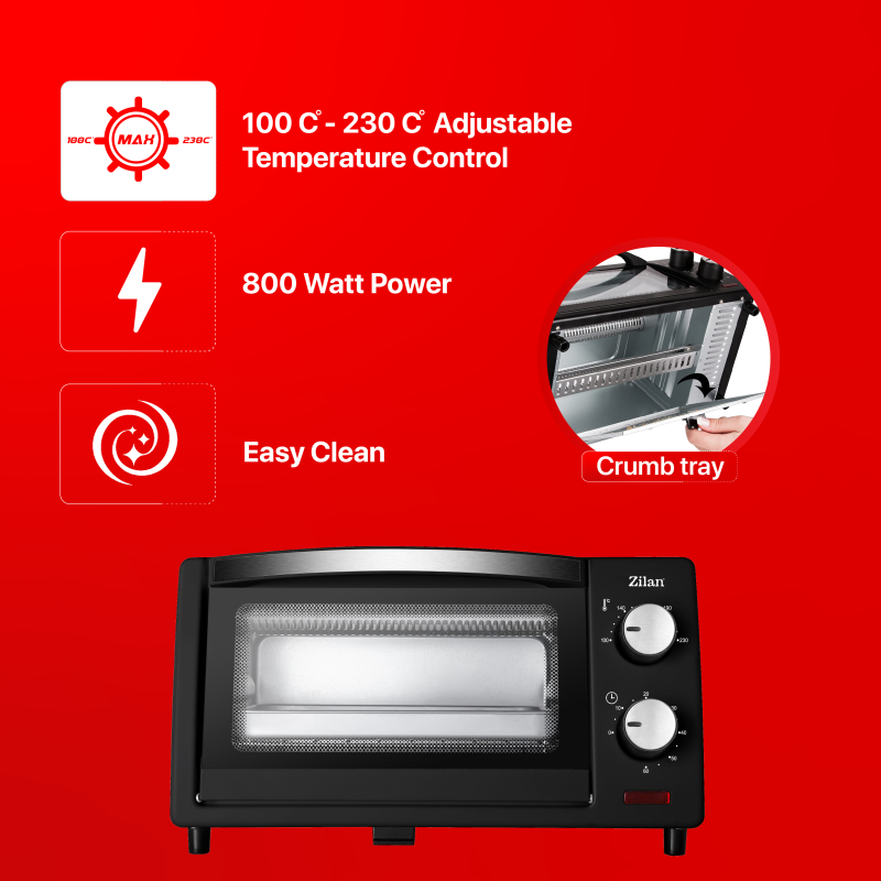 Mini cuptor Zilan-Roza ZLN-4328, 9L, 800W, Geam dublu, Temporizator 60 min