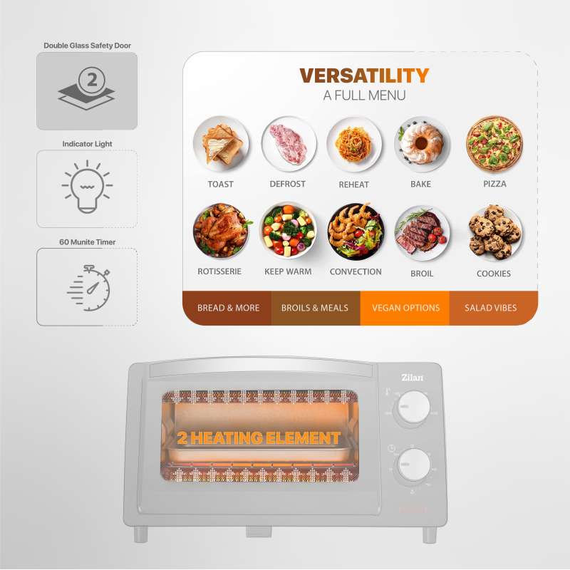 Mini cuptor Zilan-Roza ZLN-4328, 9L, 800W, Geam dublu, Temporizator 60 min