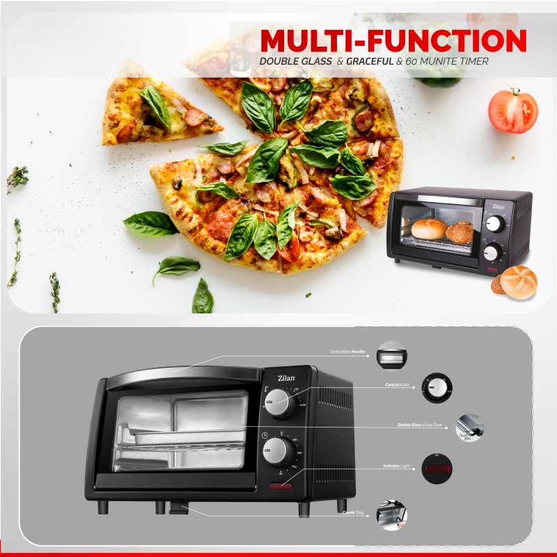 Mini cuptor Zilan-Roza ZLN-4328, 9L, 800W, Geam dublu, Temporizator 60 min