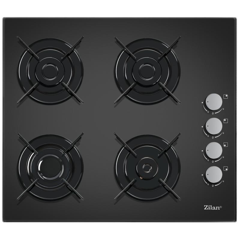 Plita incorporabila Zilan ZLN-0058, Gaz butelie sau gaz natural  duze de schimb incluse , 59x51 cm, 4 Arzatoare, Aprindere Electrica, Sticla Neagra
