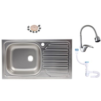 Pachet Chiuveta 9188ST anticalcalcar pentru blat 77 x 43.5 cm, cuva stanga + Baterie buctarie cu pipa flexibila 0382 + Sifon scurgere cu preaplin