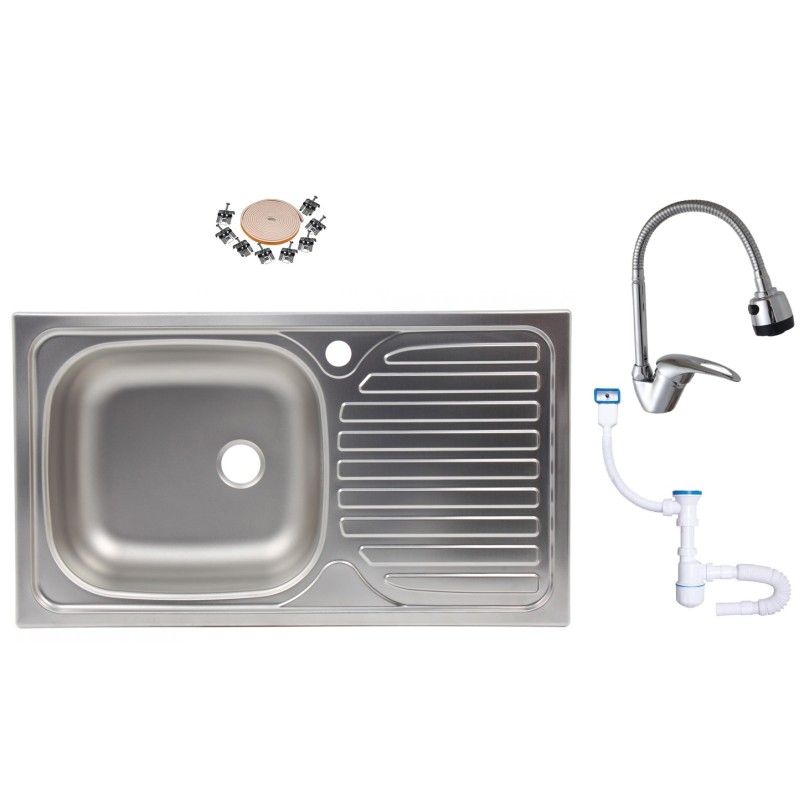 Pachet Chiuveta 9188ST anticalcalcar pentru blat 77 x 43.5 cm, cuva stanga + Baterie buctarie cu pipa flexibila 0382 + Sifon scurgere cu preaplin