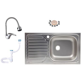 Pachet Chiuveta 0179DR anticalcalcar pentru blat 77 x 43.5 cm, cuva dreapta + Baterie buctarie cu pipa flexibila 0382 + Sifon scurgere cu preaplin