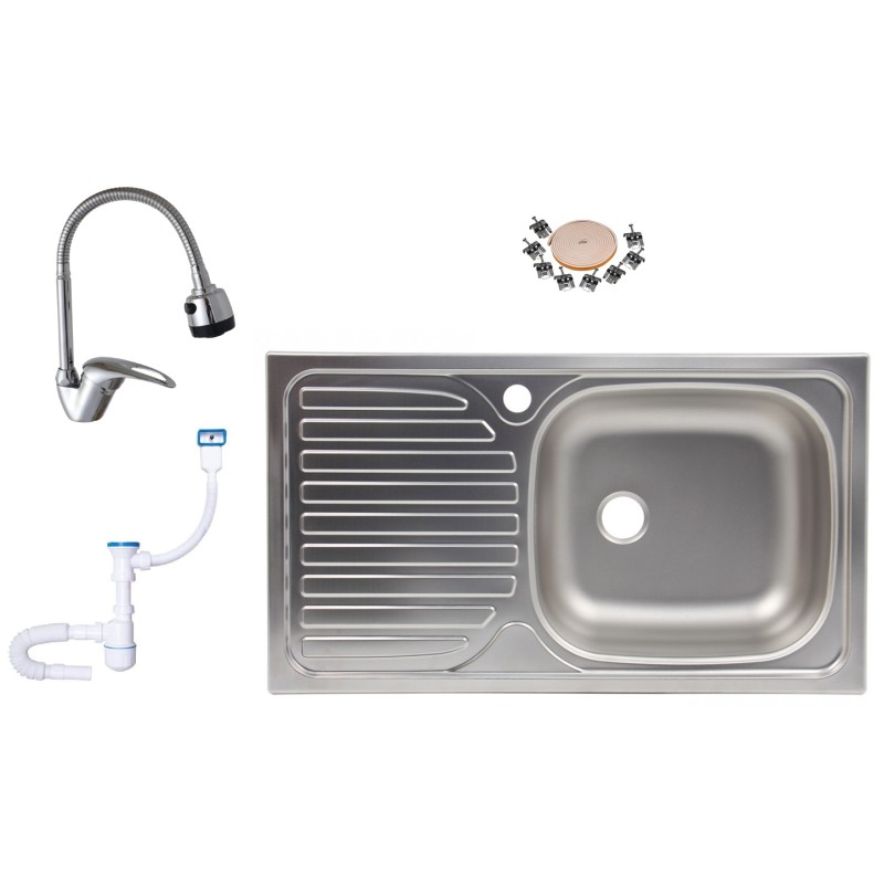 Pachet Chiuveta 0179DR anticalcalcar pentru blat 77 x 43.5 cm, cuva dreapta + Baterie buctarie cu pipa flexibila 0382 + Sifon scurgere cu preaplin