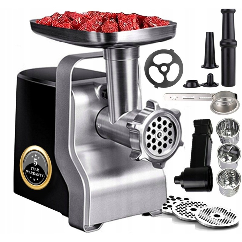Masina de tocat carne multifunctionala ZILAN ZLN0126, Negru/Gri 2100 W, 3 viteze, Accesorii pentru feliat legume, Accesoriu pentru carnati, Accesorii pentru feliere si maruntire, Cutit inox,