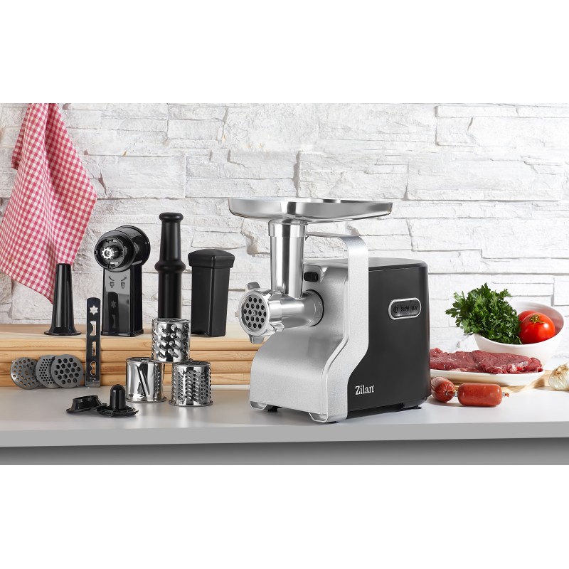 Masina de tocat carne multifunctionala ZILAN ZLN0126, Negru/Gri 2100 W, 3 viteze, Accesorii pentru feliat legume, Accesoriu pentru carnati, Accesorii pentru feliere si maruntire, Cutit inox,