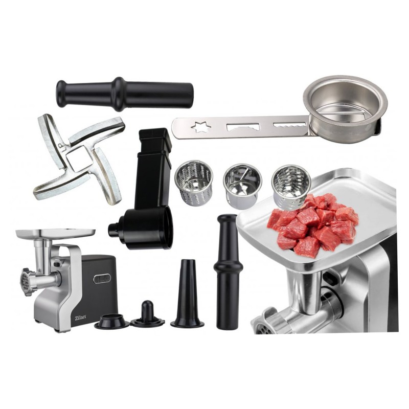 Masina de tocat carne multifunctionala ZILAN ZLN0126, Negru/Gri 2100 W, 3 viteze, Accesorii pentru feliat legume, Accesoriu pentru carnati, Accesorii pentru feliere si maruntire, Cutit inox,