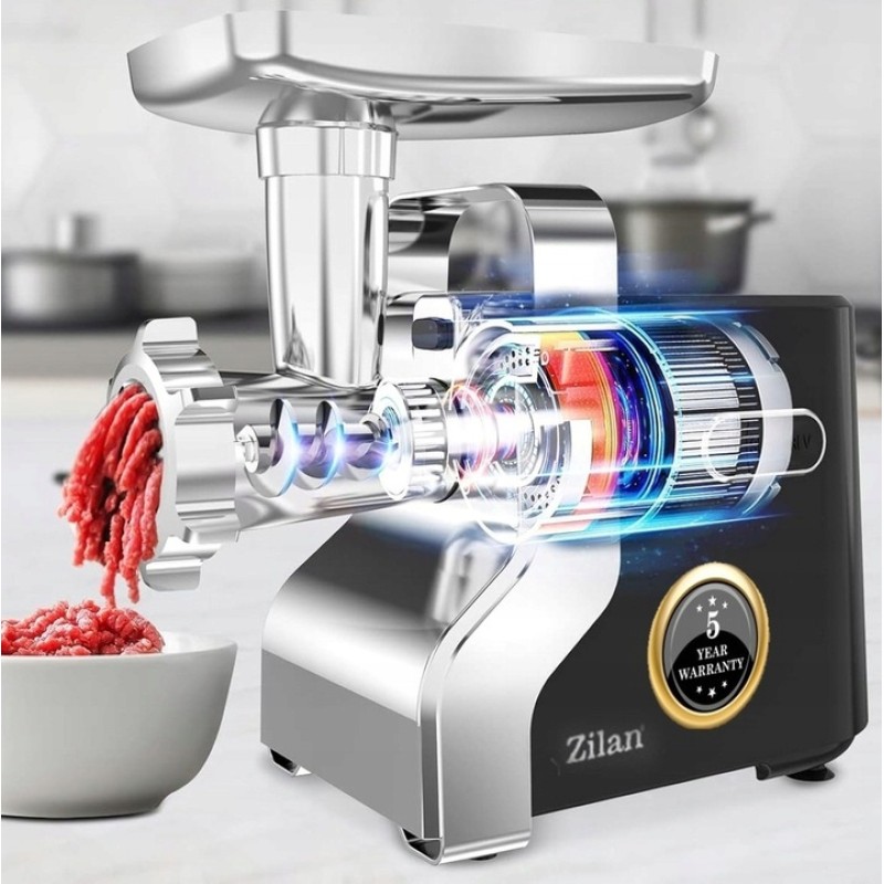 Masina de tocat carne multifunctionala ZILAN ZLN0126, Negru/Gri 2100 W, 3 viteze, Accesorii pentru feliat legume, Accesoriu pentru carnati, Accesorii pentru feliere si maruntire, Cutit inox,