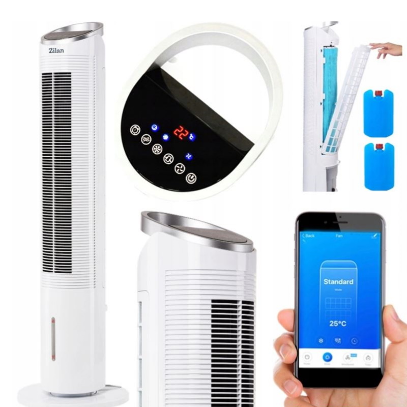 Ventilator tip turn cu racire si oscilatie, Zilan ZLN-1010, 60W, conectare WIFI, 3 viteze, Inaltime 100 cm, Alb