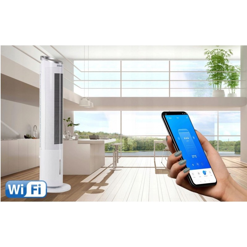 Ventilator tip turn cu racire si oscilatie, Zilan ZLN-1010, 60W, conectare WIFI, 3 viteze, Inaltime 100 cm, Alb