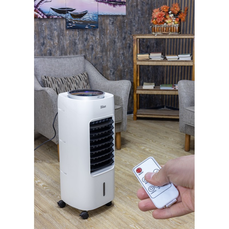 Ventilator cu racitor si purificator de aer mobil ZILAN ZLN-1314, Racire/Umidificare/Purificare, Telecomanda, Temporizator 1-12 ore Rezervor apa 7 l, Portabil, Alb