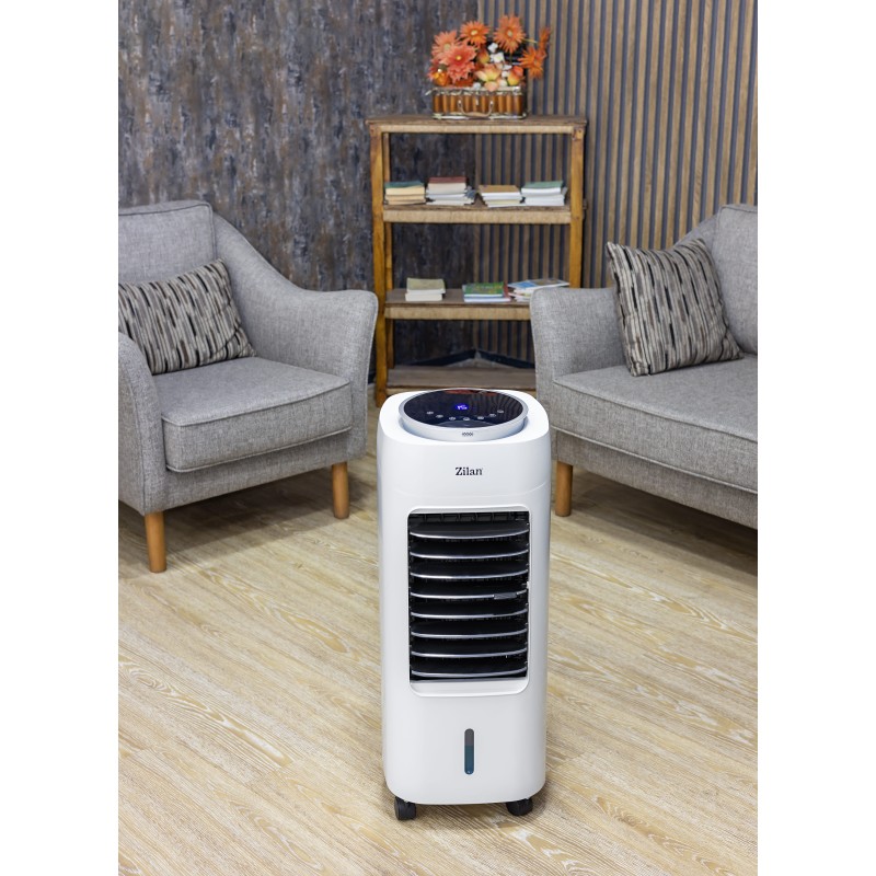 Ventilator cu racitor si purificator de aer mobil ZILAN ZLN-1314, Racire/Umidificare/Purificare, Telecomanda, Temporizator 1-12 ore Rezervor apa 7 l, Portabil, Alb