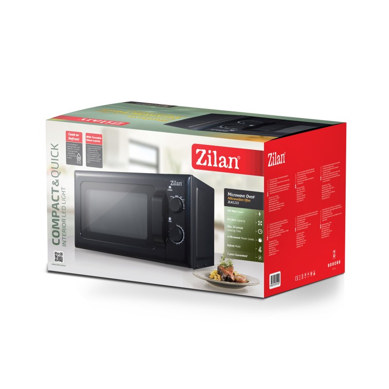 Cuptor cu microunde Zilan ZLN-1222, 20 L, 700W, mod pentru dezghet, 6 trepte de putere, Negru