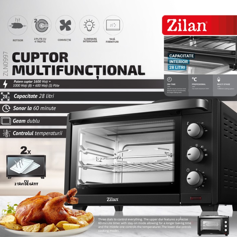 Cuptor electric Zilan ZLN-0997 YUSUF, 1600 W, 28 Litri, Temperatura Reglabila, Negru