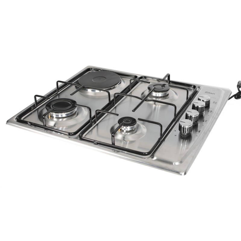 Plita incorporabila Zilan ZLN-1918 GPL si Gaz natural 58x50 cm, 3 ochiuri, 1 ochi electric, duze de schimb incluse, aprindere electrica, Inox