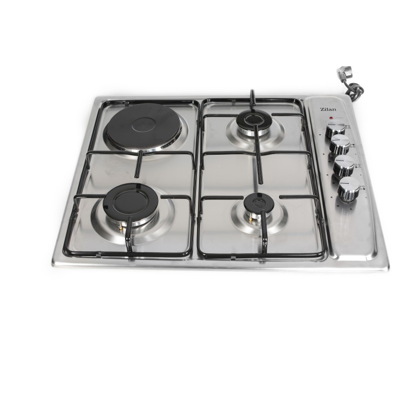 Plita incorporabila Zilan ZLN-1918 GPL si Gaz natural 58x50 cm, 3 ochiuri, 1 ochi electric, duze de schimb incluse, aprindere electrica, Inox