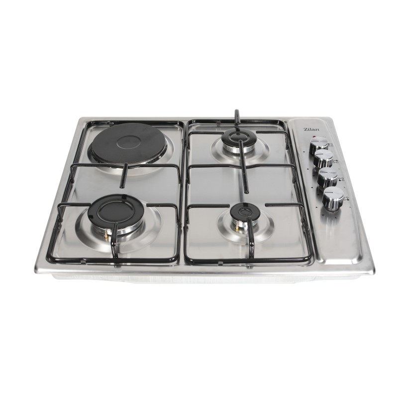 Plita incorporabila Zilan ZLN-1918 GPL si Gaz natural 58x50 cm, 3 ochiuri, 1 ochi electric, duze de schimb incluse, aprindere electrica, Inox