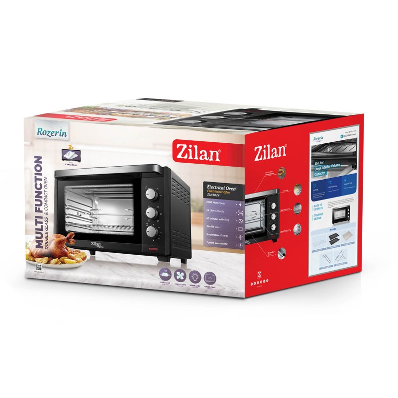 Cuptor electric Zilan ZLN-1024 Rozerin, Convectie, 2000 W, 45 Litri, Temperatura Reglabila, Geam Duble, Negru