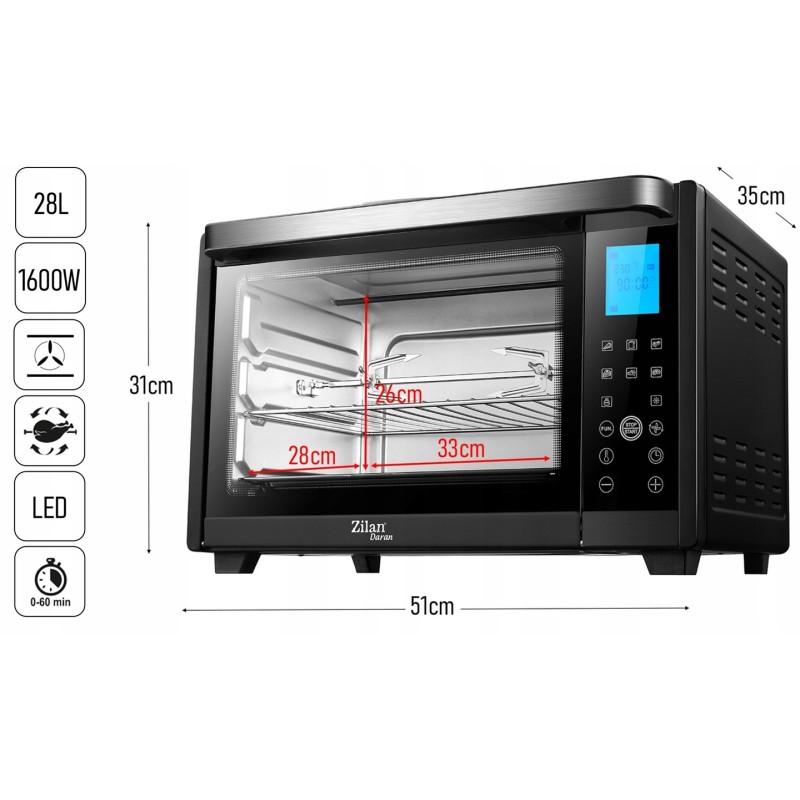 Cuptor electric Zilan ZLN-1031 DARAN2, 1600 W, 28 Litri, Temperatura Reglabila, Digital, Negru