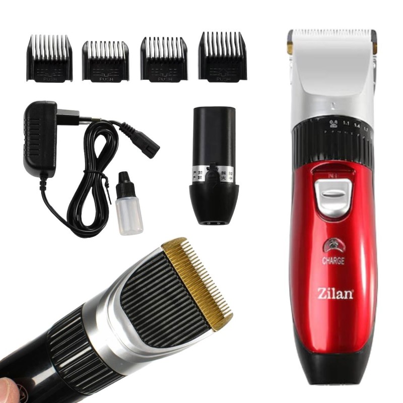 Aparat de tuns profesional Zilan ZLN1246 fara fir, cu acumulator de schimb inclus, 4 marimi de schimb, perie de curatare si ulei incluse, Rosu