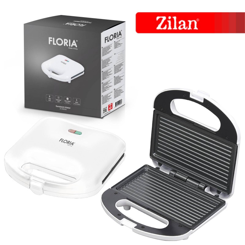 Sandwich Maker Floria ZLN-0830 Alb, Putere 750W, Placa de tip grill, Antiaderenta, indicator luminos