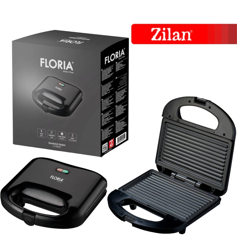 Sandwich Maker Floria ZLN-0829N, Putere 750W, Placa de tip grill, Antiaderenta, indicator luminos, Negru