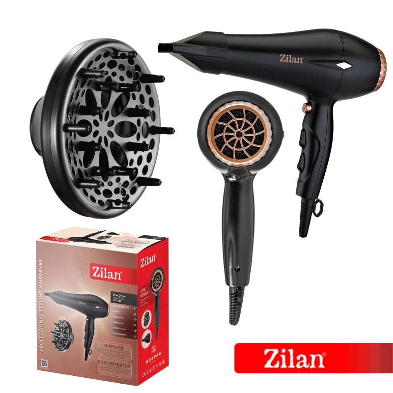 Uscator de par Zilan ZLN-1239, 2200 W,  3 Trepte temperatura, 3 Viteze, Concentrator, Difuzor, Negru