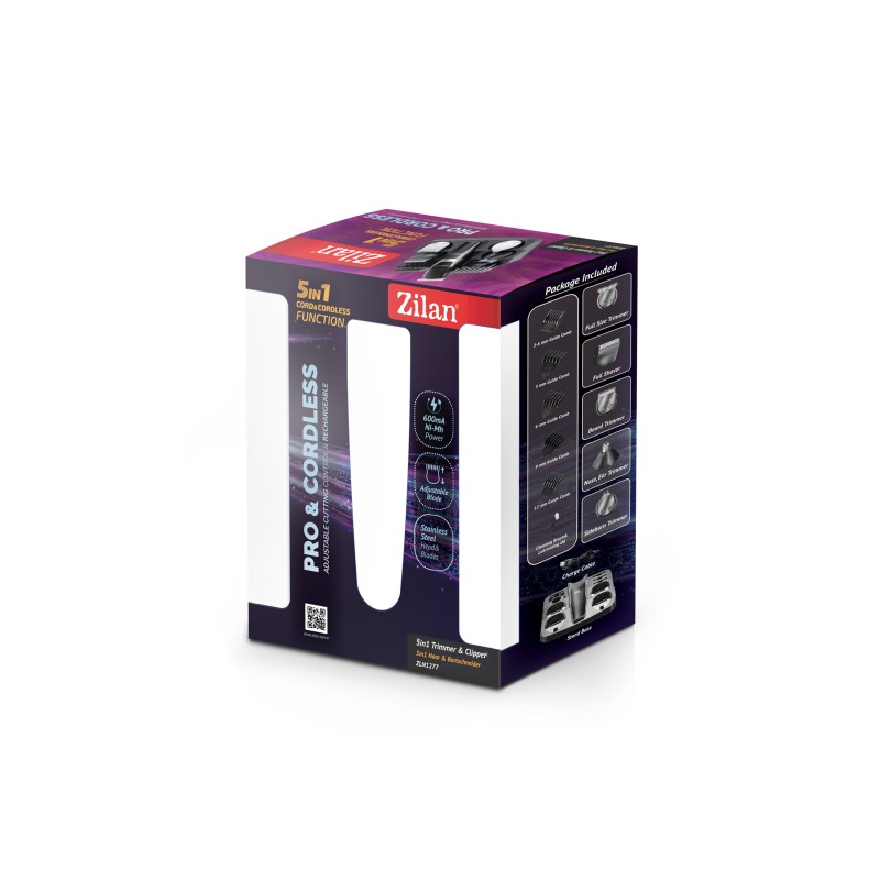 Aparat de tuns profesional 5 in 1 Zilan ZLN-1277 fara fir cu 5 capete de schimb, 5 marimi de tuns, ulei si perie de curatare, Negru