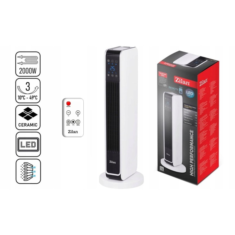 Aeroterma ceramica turn Zilan ZLN2069 Alb, 2200W, Ecran cu atingere, Timer 8H