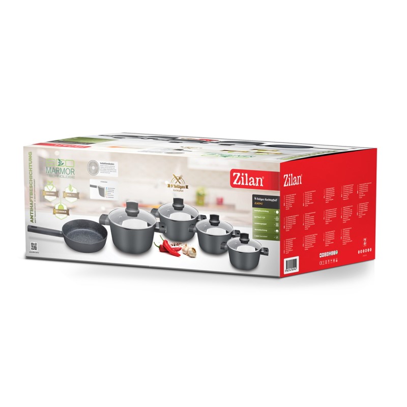 Set de oale Zilan ZLN0942 Negru, cu 9 piese, invelis din marmura si manere fine la atingere