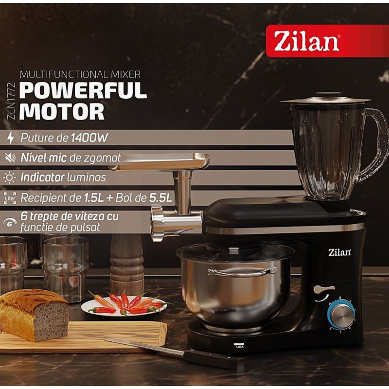 Mixer, blender si masina de tocat 3 in 1 Zilan ZLN1772 Negru, 6+1 nivele de control al vitezei, 1400W