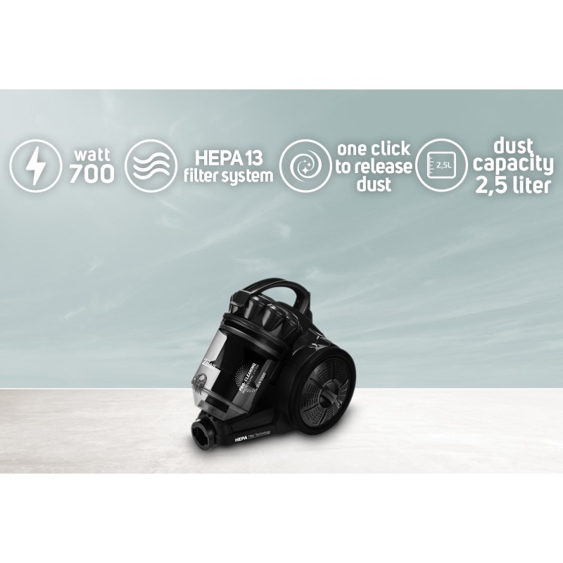 Aspirator fara sac Zilan ZLN3300 Negru, 700W, filtru HEPA 13 si control flux de aer pe maner