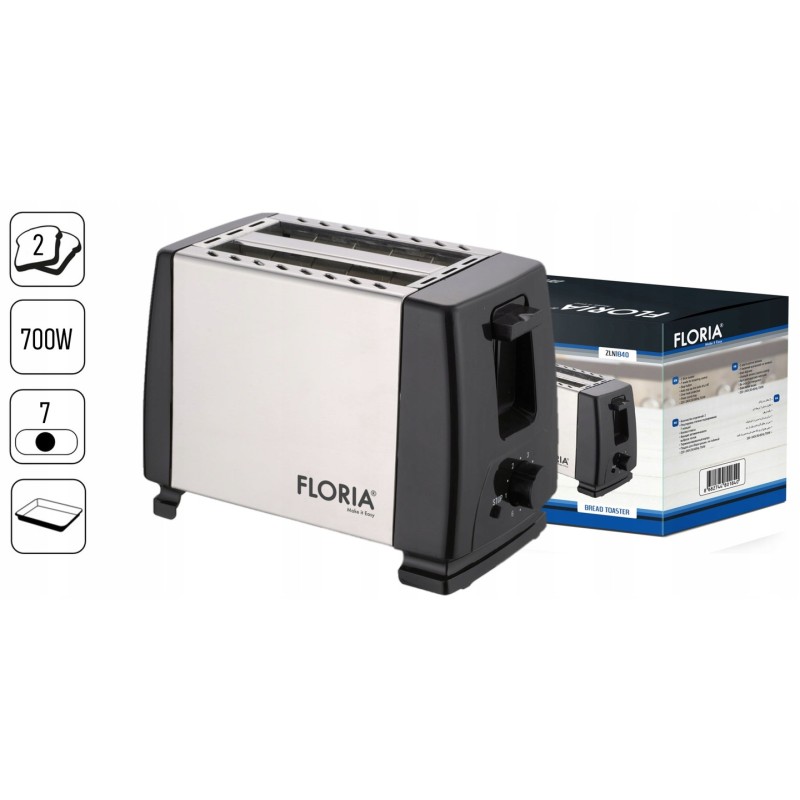 Prajitor de paine Floria ZLN1840 Negru/Inox, 700W, 7 nivele de control al temperaturii, buton de oprire