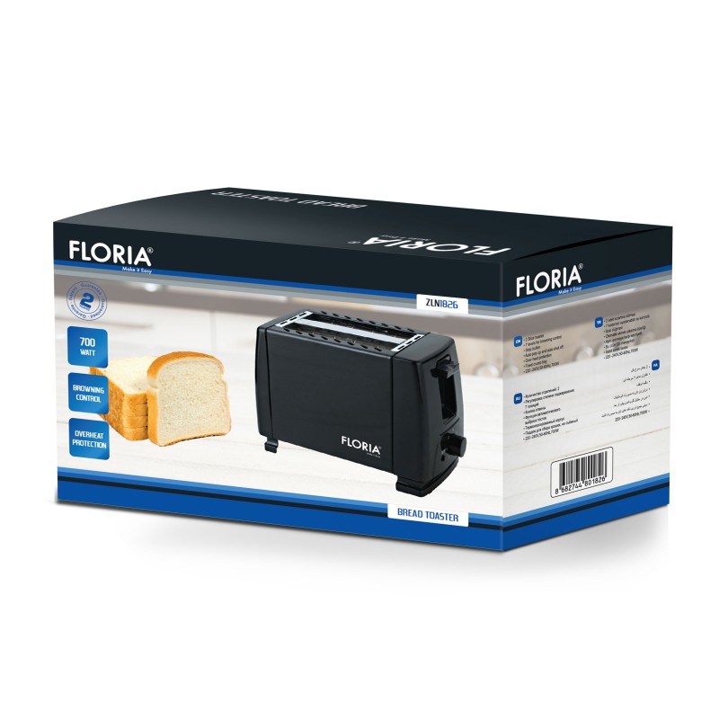 Prajitor de paine Floria ZLN1826 Negru, 700W, 7 nivele de control al temperaturii, buton de oprire