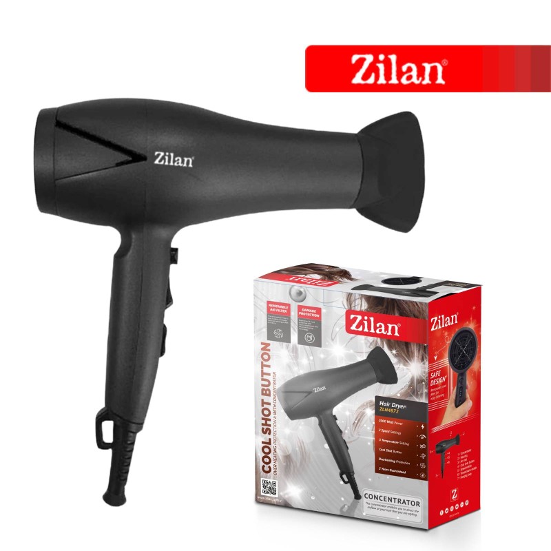 Uscator de par Zilan ZLN4872 Negru, 2000W, doua trepte de viteza, buton pentru aer rece, protectie la supraincalzire