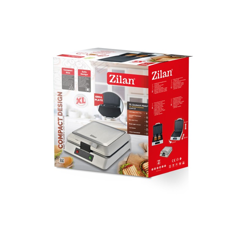 Sandwich Maker XL Zilan ZLN4728 Argintiu, plita grill, indicator luminos, sistem de inchidere, putere 1200W