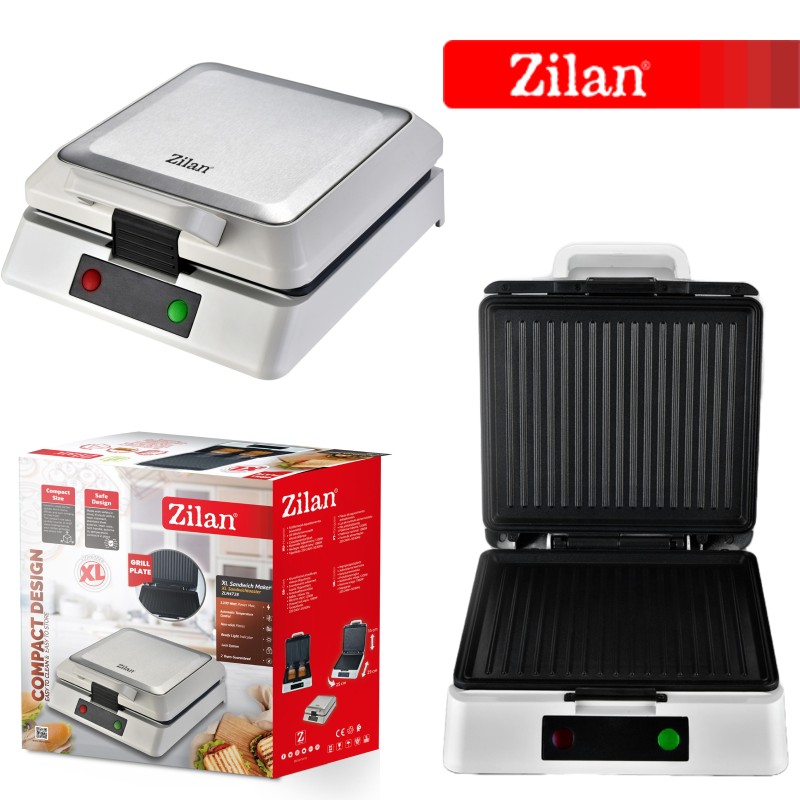 Sandwich Maker XL Zilan ZLN4728 Argintiu, plita grill, indicator luminos, sistem de inchidere, putere 1200W