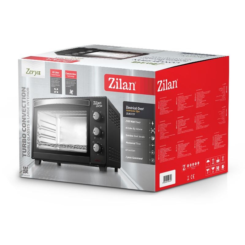 Cuptor electric cu ventilator ZILAN ZLN-3727 Negru, Capacitate 45L, Putere 2000W, Geam dublu, Temporizator 60 min, Temperatura maxima 230 grade celsius