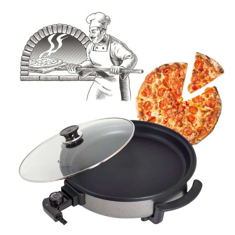 Tigaie electrica rotunda Floria ZLN4957, pizza grill, diametru 36 cm, 1500 W, capac sticla