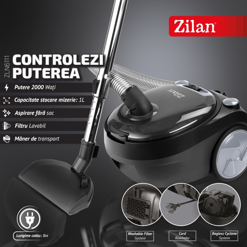 Aspirator fara sac Zilan ZLN6111 Negru, putere 2000W, capacitate 1L, maner pentru transport