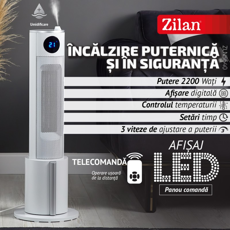 Aeroterma tip turn Zilan ZLN5640 Alba, putere 2200W, ecran LED, 3 trepte de viteza