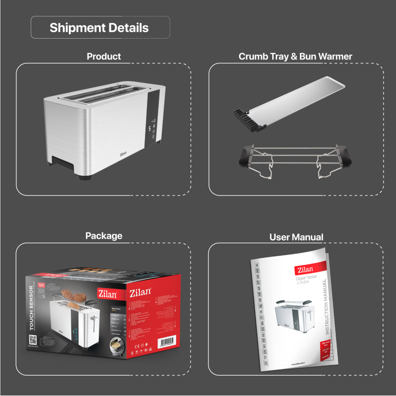 Prajitor de paine Zilan ZLN6234 Argintiun, ecran digital si tactil, putere 1400W, inox
