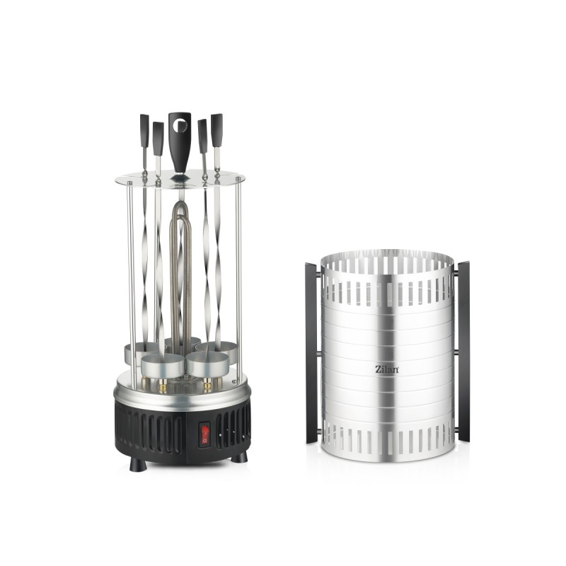 Gratar vertical Zilan ZLN5565 argintiu, putere 900W, rotatie automata, 5 bete pentru frigarui