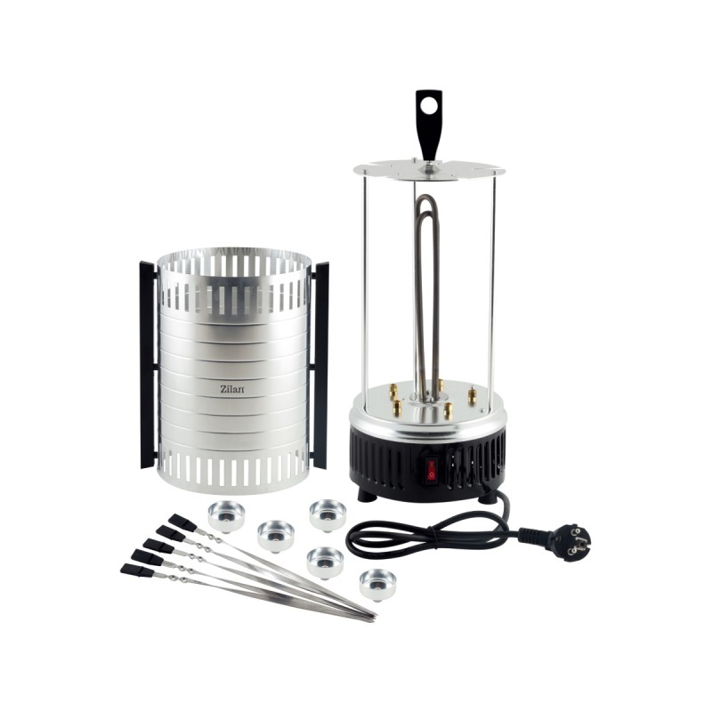 Gratar vertical Zilan ZLN5565 argintiu, putere 900W, rotatie automata, 5 bete pentru frigarui