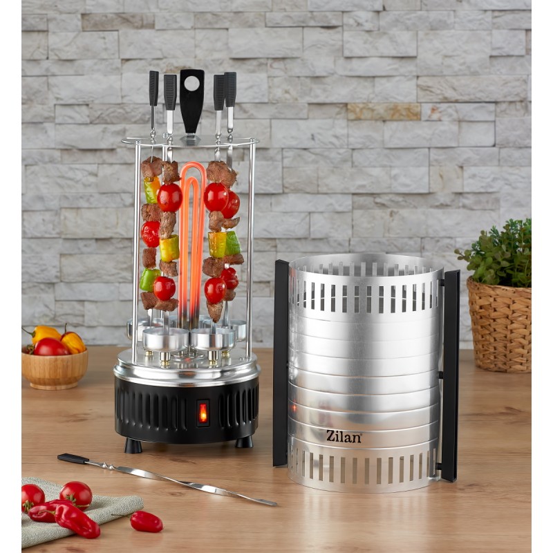 Gratar vertical Zilan ZLN5565 argintiu, putere 900W, rotatie automata, 5 bete pentru frigarui