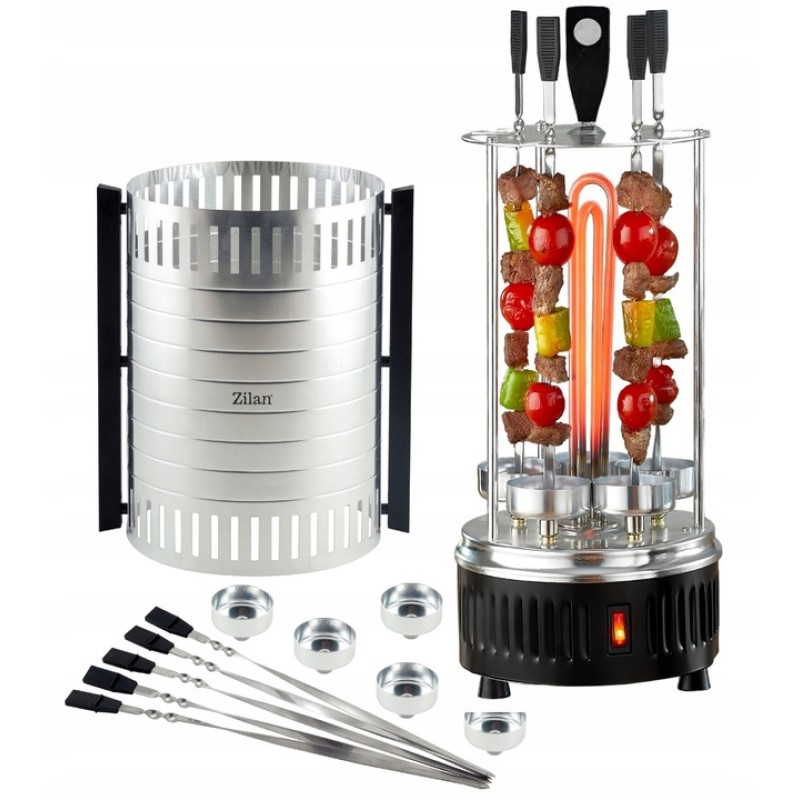 Gratar vertical Zilan ZLN5565 argintiu, putere 900W, rotatie automata, 5 bete pentru frigarui