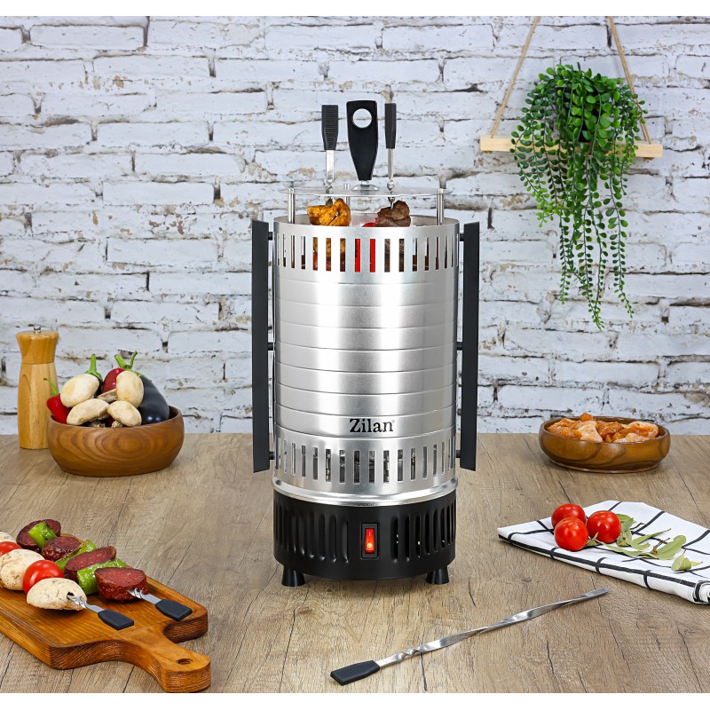 Gratar vertical Zilan ZLN5565 argintiu, putere 900W, rotatie automata, 5 bete pentru frigarui