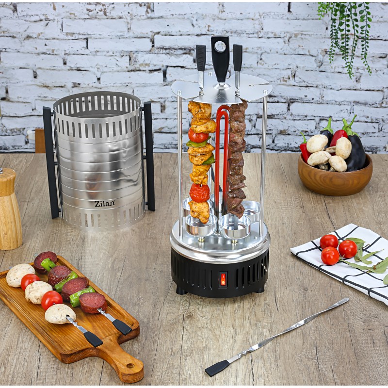 Gratar vertical Zilan ZLN5565 argintiu, putere 900W, rotatie automata, 5 bete pentru frigarui