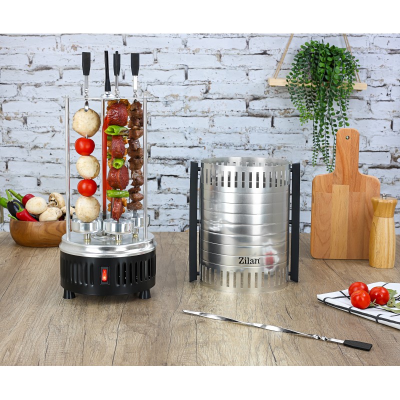 Gratar vertical Zilan ZLN5565 argintiu, putere 900W, rotatie automata, 5 bete pentru frigarui