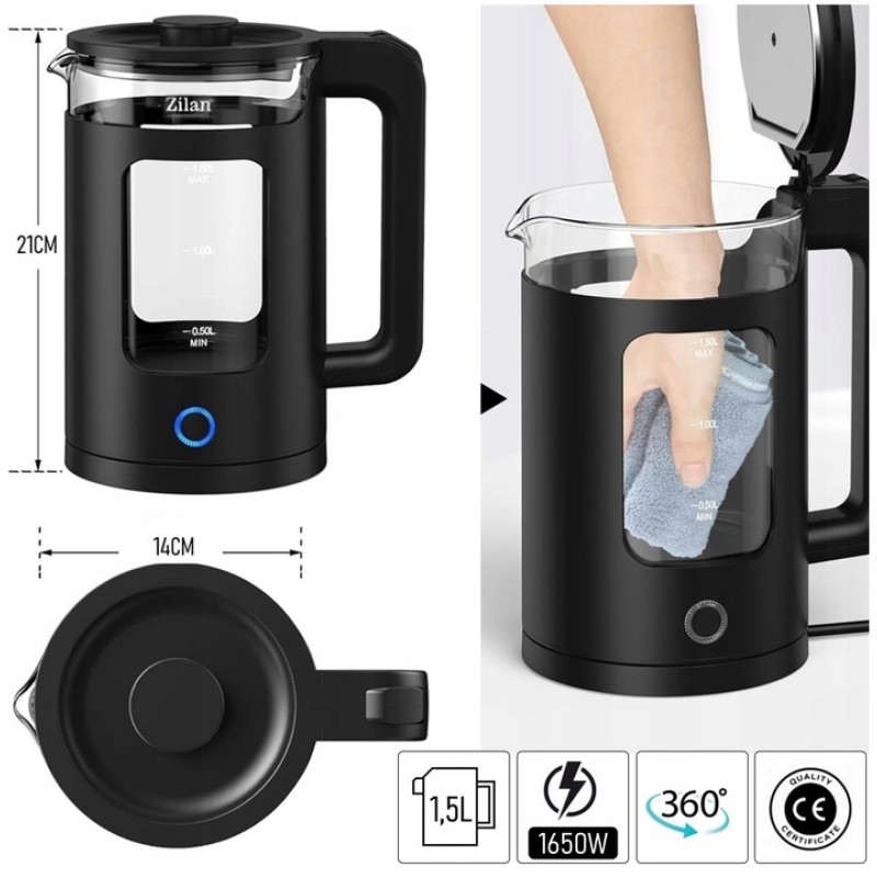 Fierbator electric Zilan ZLN6128 Negru, capacitate 1.5 L, putere 1650 W, indicator luminos